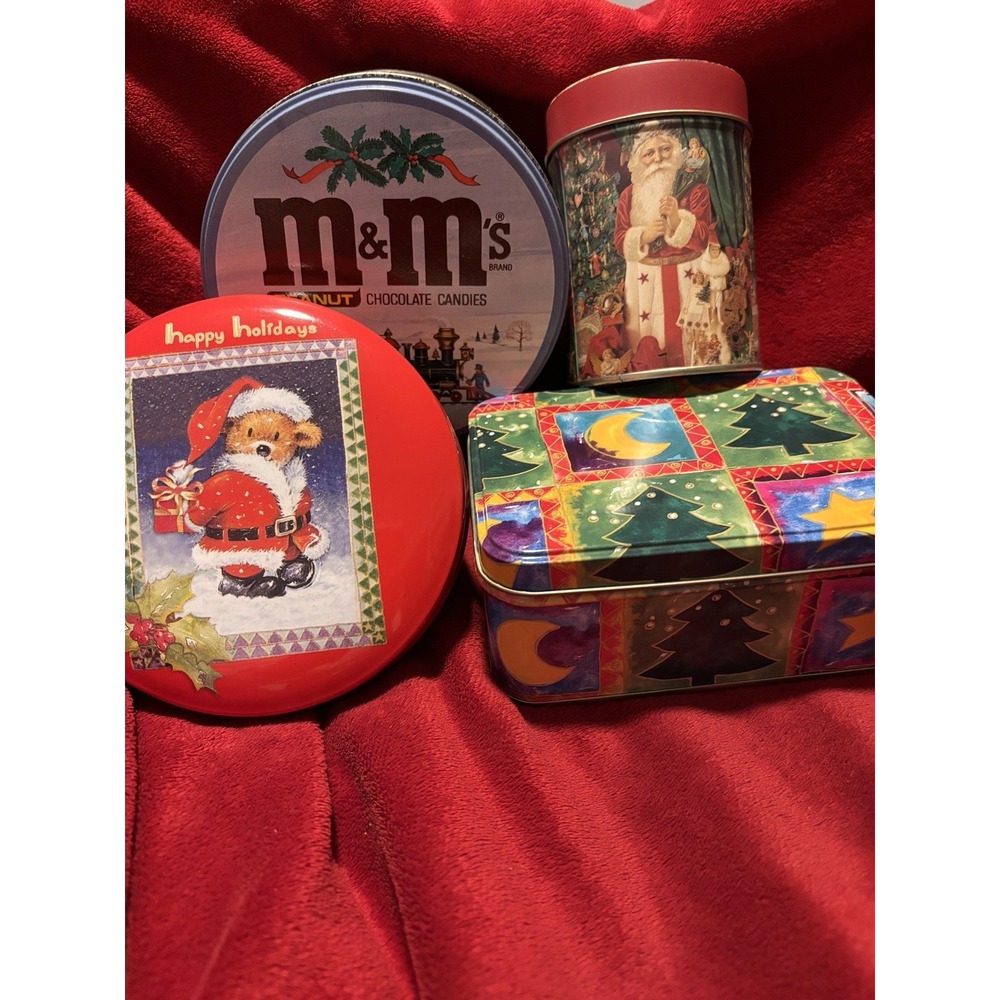 Lot Of 4 VTG Tins M&M's Train Holiday  Time Santa By Tree Moon Star Tree Snow